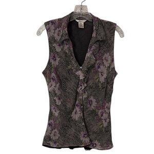 Y2K Goth Grunge Fairy Silk Ruffle Animal Print Button Tank L Floral Whimsigoth